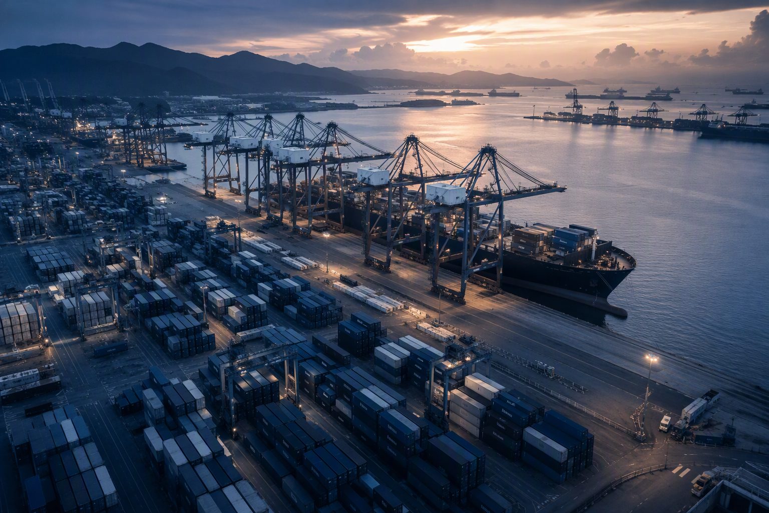 Puerto de contenedores al atardecer con grúas y carga internacional