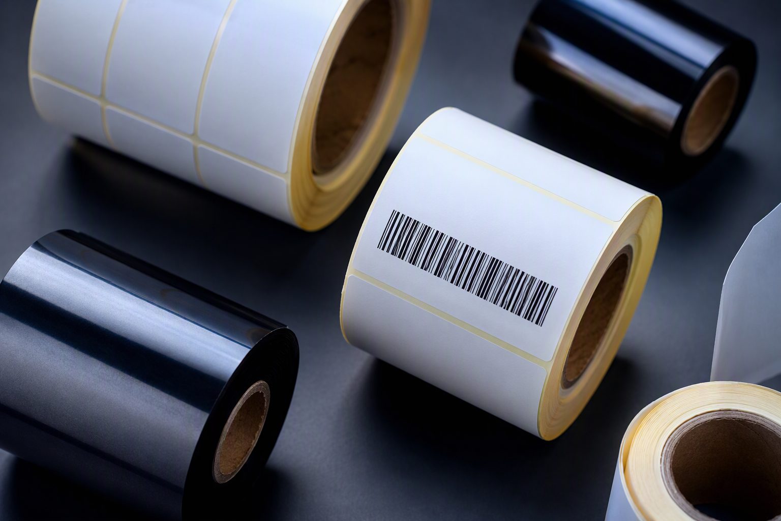 Rollos de etiquetas con código de barras y ribbons de transferencia térmica