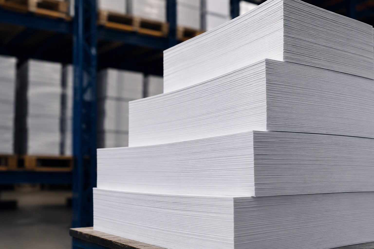 Resmas de papel apiladas en bodega con estanterías industriales