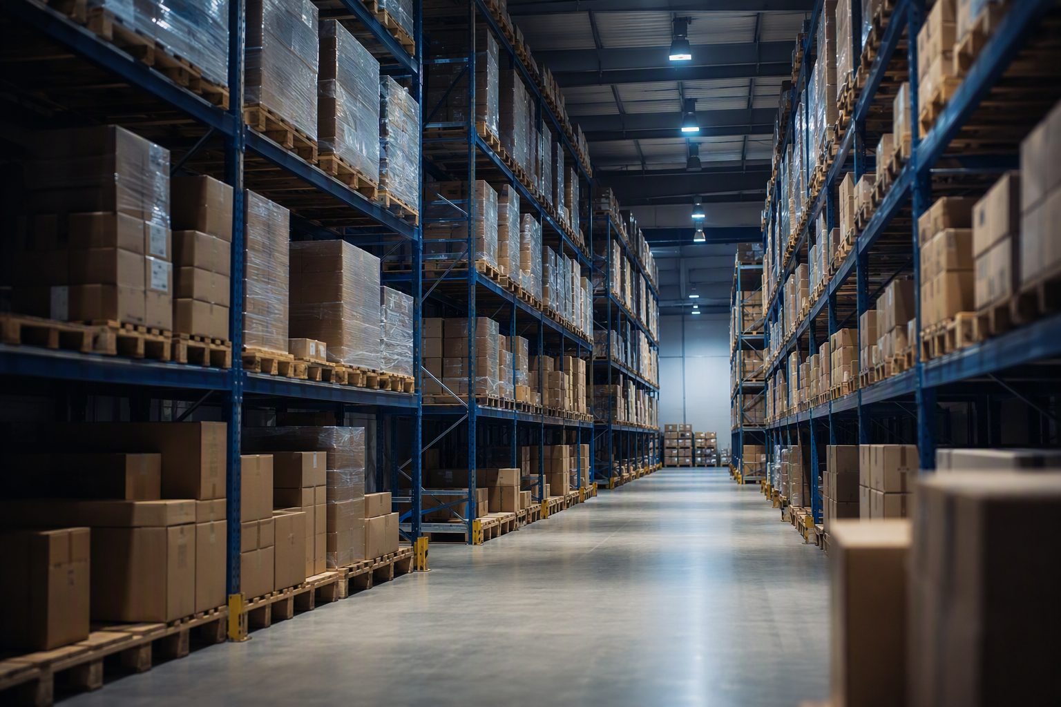 Bodega industrial con estanterías de gran altura y pallets organizados